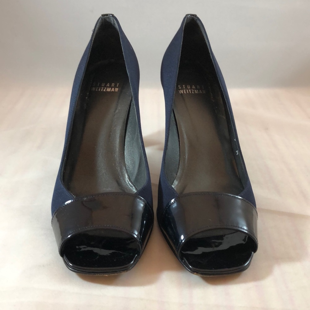 Stuart Weitzman ABBA Navy Crepe Patent Leather 7B